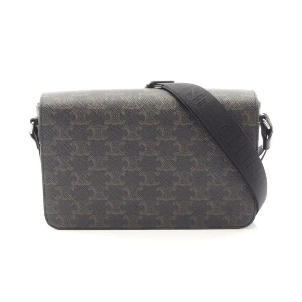 Celine Triomphe Flap Messenger Bag Shoulder Canvas Leather Black